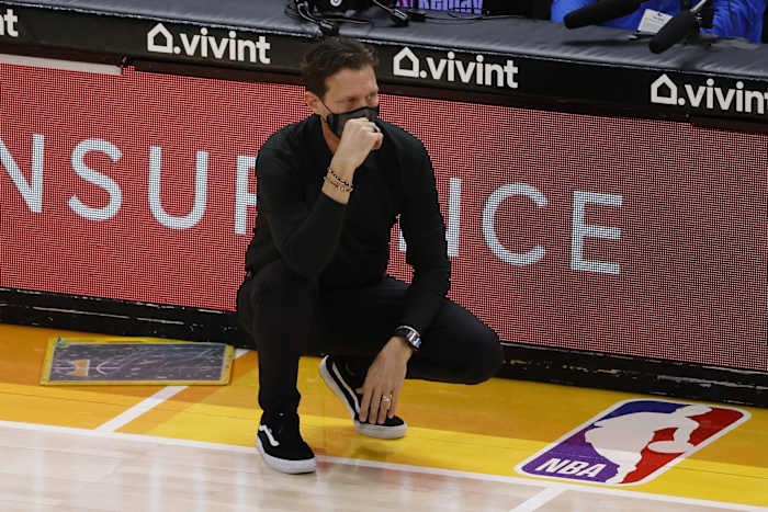 Utah Jazz Head Coach Quin Snyder leads his team from the sidelines during a game against the Philadelphia 76ers